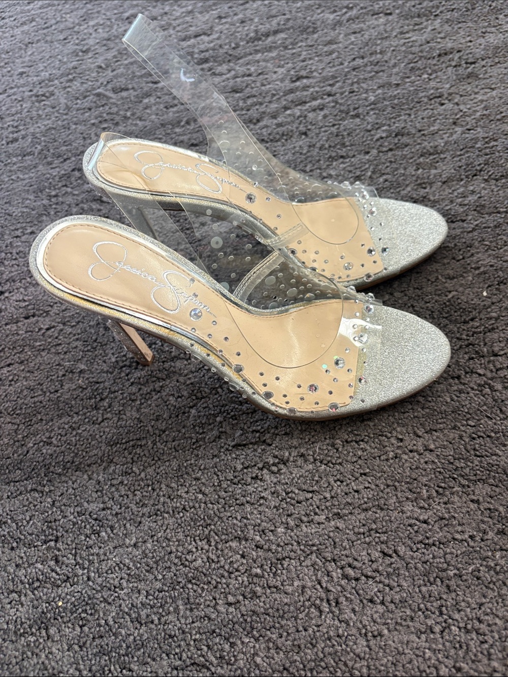 Jessica Simpson Clear PVC Slingback Heels with Silver Glitter Toe